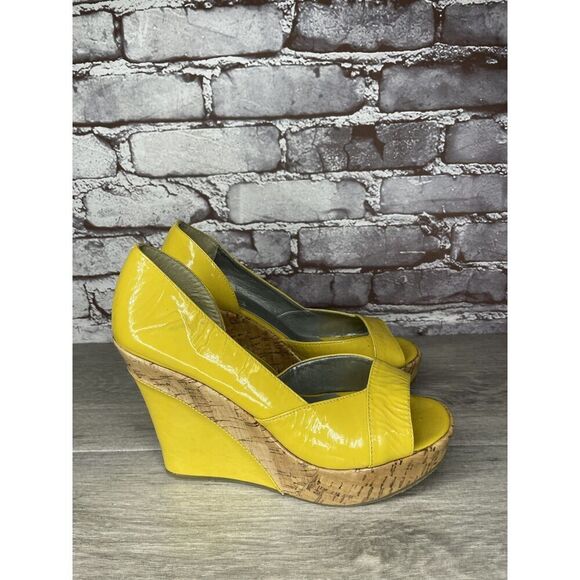 Bottero Yellow Patent Leather Peep Toe Platform Cork Wedge Sandals Women Sz 37EU - Picture 15 of 16